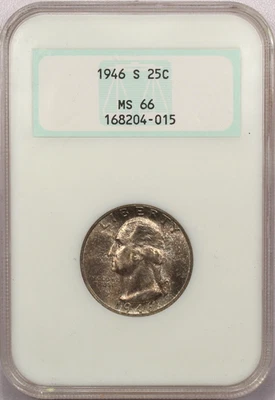 1946-S Washington Quarter 25C, NGC MS66 Old Green Fatty Holder, Toned Gem Unc - Image 1 of 2