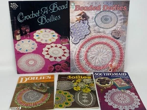 Crochet Pattern Books Doilies Beaded Tatting Knit Lace 5pc Lot Vintage Bead - Picture 1 of 6