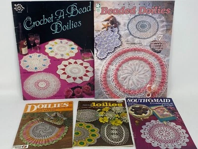 Crochet Pattern Books Doilies Beaded Tatting Knit Lace 5pc Lot Vintage Bead - Image 1 of 4