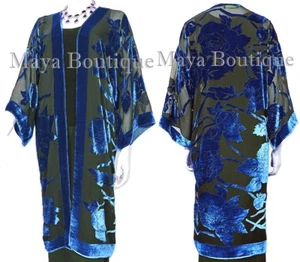 Blue Long Kimono Jacket Silk Burnout Velvet No Fringe Maya Matazaro - Picture 1 of 9