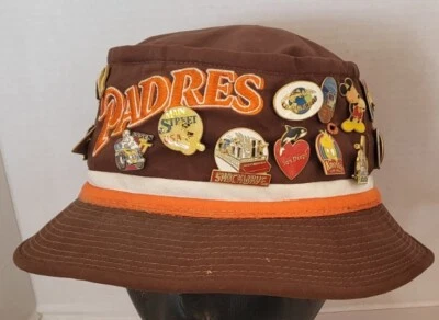 Vintage Rare MLB San Diego Padres Brown Bucket Fisherman Hat 7 1/8" w misc pins - Image 1 of 4