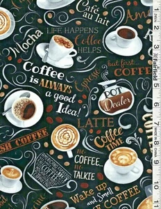 Black Back to the Grind Coffee & Words by Timeless Treasures bty - Picture 1 of 1