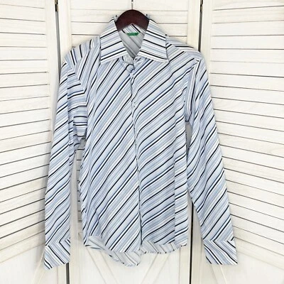 United Colors of Benetton Dress Shirt Mens Large Blue White Stripe Button Front - Image 1 of 4