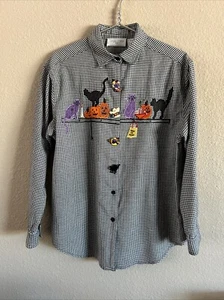 Casual Corner Halloween Fall Button Up Chambray Blouse Size L Button covers - Picture 1 of 8