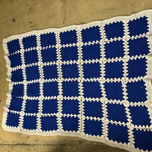Vintage Handmade blue square Afghan Crochet Blanket Throw Knit 57x43" boho 