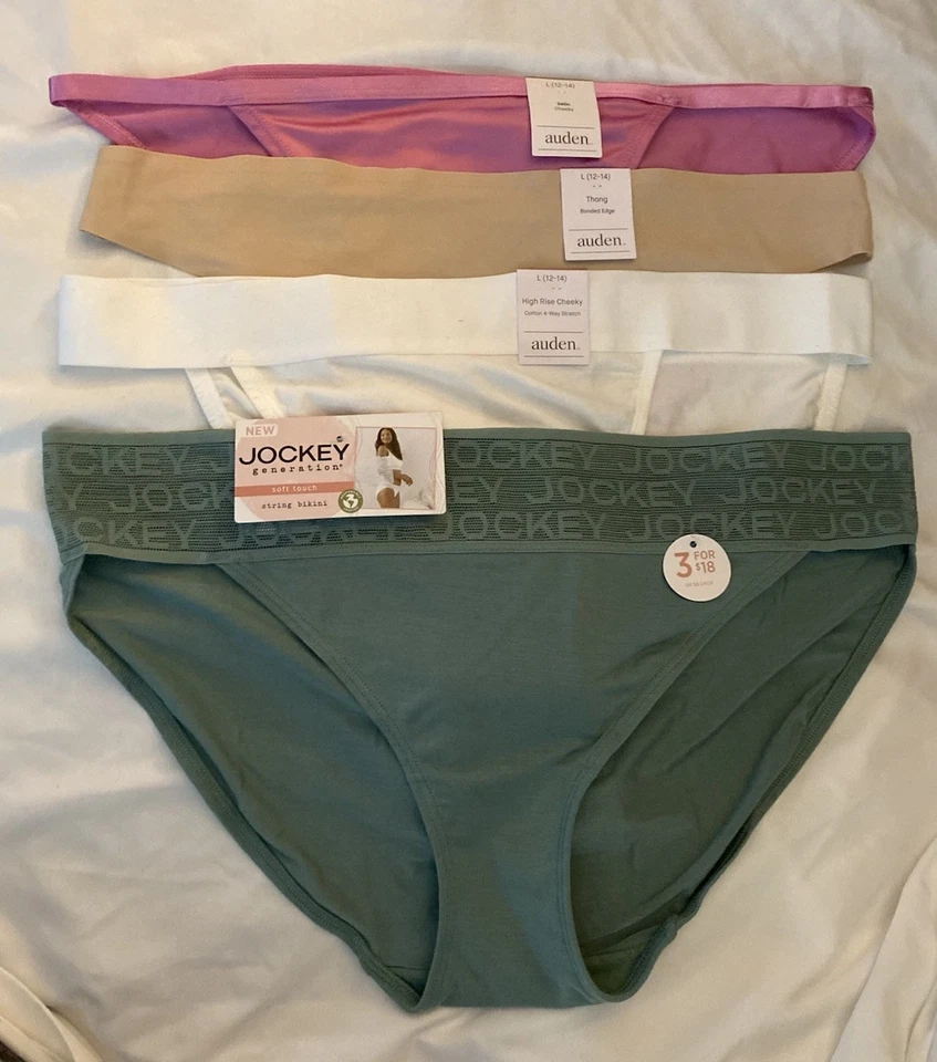 AUDEN & JOCKEY Calzoncillos Lote/4 Bikinis Ropa Interior Verde Rosa Desnudo Blanco L 12-14 NUEVO Foto 1 de 4