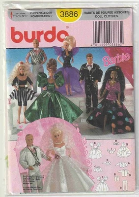 FF Burda 3886 Craft Dolls Clothes Ken & Barbie 1980s Evening Sewing Pattern - Image 1 of 2