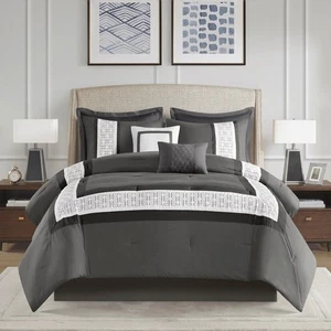 8 Piece Embroidered Comforter Set Dark Grey Queen - Picture 1 of 12