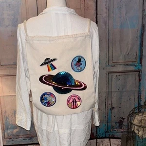 Off white canvas drawstring Backpack with Space Themed Patches - Picture 1 of 6