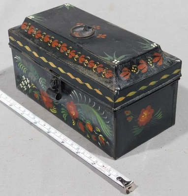Antique tole hand painted box jewelry tin trinket floral foliage 19th c document - Image 1 of 4