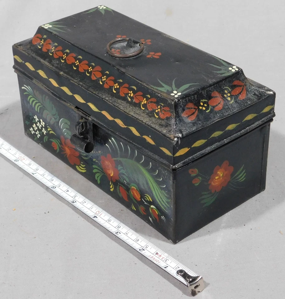 Antique tole hand painted box jewelry tin trinket floral foliage 19th c document - Image 1 of 4