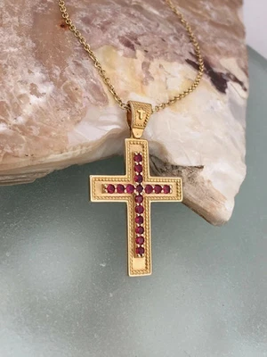 2Ct Round Cut LabCreated Pink Ruby Milgrain Cross Pendant 14k Yellow Gold Plated - Image 1 of 4