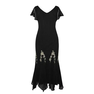 Sz 14 SL Fashions Black Beaded Floral Fairy Dress Hanky Hem Flowey Flutter Goth - Picture 1 of 8