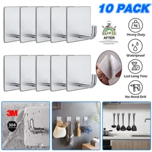 8-10X 3M Self Adhesive Hooks Bathroom Adhesive Pad Stainless Steel Sticky Hooks - Picture 1 of 14