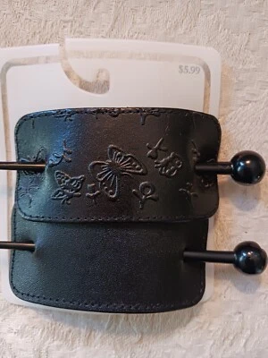 2 pasadores de cuero negro estilo occidental - toboganes para el cabello con alfiler con mariposas Foto 1 de 4