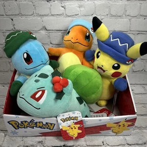 Pokémon 8" Pikachu, Charmander, Squirtle, Bulbasaur Plush Set of 4 Winter Holida - Picture 1 of 17
