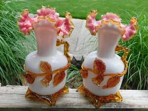 2 jarrones de vidrio antiguos Stevens & Williams de 1880 diseño Matsu-No-Ke Carder *PAR* - Imagen 1 de 15