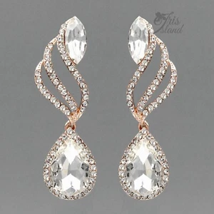 Women Rose Gold Plated Clear Crystal Rhinestone Wedding Drop Dangle Earrings 083 - Picture 1 of 4