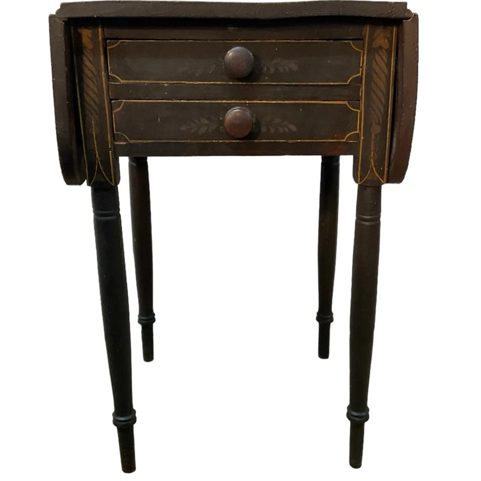 Antique Paint Decorated Sheraton Work Table Night Stand 2 Drawer Primitive Folk  - Image 1 of 4