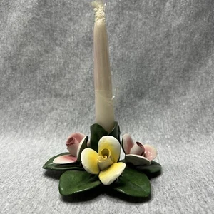 Nuova Capodimonte Candle Holders 3 Pink Roses Italy Vintage Satin New Candle - Picture 1 of 10