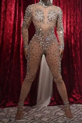 Pearls Rhinestones Stretch Transparent Jumpsuit Evening Birthday Dancer Bodysuit - Image 1 of 4