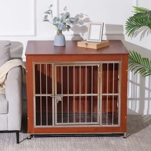 38" Wooden Stainless Steel Dog Cage Heavy Duty Pet Crate Kennel Cage End Table - Picture 1 of 15