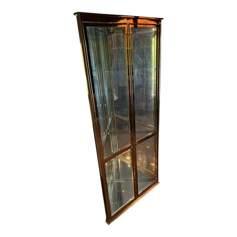 Vintage Late 20th Century Brass Glass Corner Lighted Cabinet Cover