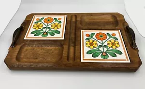 Retro 1970s Wood & Ceramic, Charcuterie or Cheese Board W/Handles & Rubber Feet - Picture 1 of 11