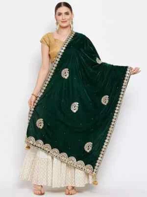 Woman's Velvet Scarf Embroidered Green & Gold Gotta Patti Party Dupatta/Chunni - Image 1 of 4