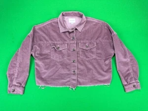 American Eagle Cropped Corduroy Shirt Women's Small Fuchsia Button Down Raw Hem - Picture 1 of 14