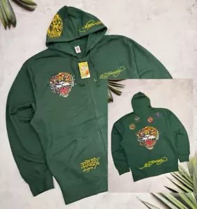 Ed Hardy Zip Hoodie Christian Audigier Big Tiger Logo Green Y2K size 2XL - 3XL - Picture 1 of 24