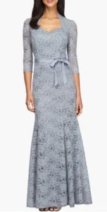 ALEX EVENINGS Metallic Lace Fit & Flare Gown In Floral Grey Fairy Dress Sz 10P - Picture 1 of 17