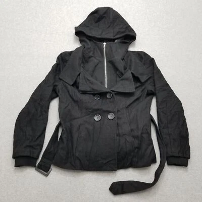 Chaqueta CoffeeShop Mujer XL Negra Bolsillos con Capucha Mezcla de Lana Cremallera Completa Cinturón Foto 1 de 4