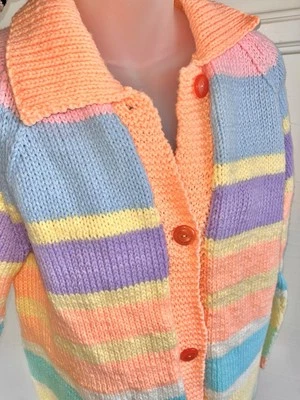 Vtg Deadstock 70s Handmade Knit Pastel Springtime Stripe Chunky Cardigan Sweater - Image 1 of 4