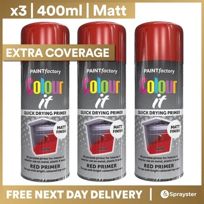 x3 Paint Factory Multi-Purpose Colour It Spray Paint 400ml Red Primer Matt - Image 1 of 2