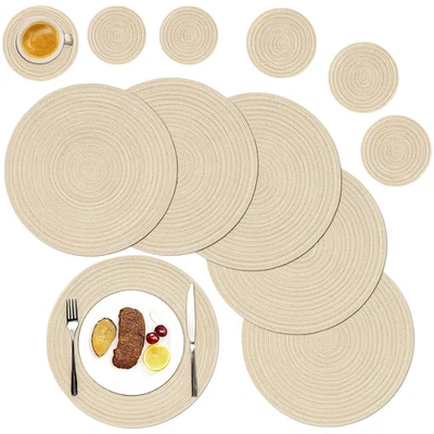 Set of 6 Round Placemats & Coasters Braided Woven Washable Heat Resistant Mats