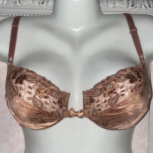 VTG Victoria’s Secret Satin Brocade Embroidered Lace Unlined Bra 32C Copper - Picture 1 of 11
