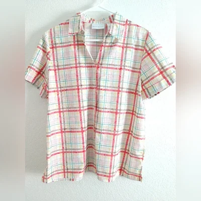 Camisa de campamento Alfred Dunner manga corta rosa verde a cuadros talla pequeño pecho 36" Foto 1 de 4
