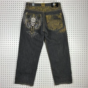 Victorious Y2K Baggy Gothic Jeans 34x32 Gold Stitched Skull Cross Wings Grunge  - Bild 1 von 7
