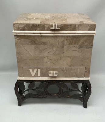 Vintage Maitland Smith Tesselated Mármore Pedra Baú Caixa em Suporte - Imagem 1 de 4