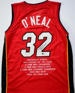 Shaquille O'Neal Autographed Red Miami Pro Style Stat Jersey - Beckett W Holo - Picture 1 of 11