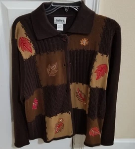 Vintage Bon Worth Patched Style Women Brown Fall Sweater Size PL Embroidered - Picture 1 of 9