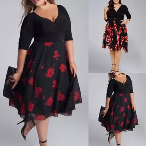 Plus Size Women Floral Chiffon Dress Summer Evening Party Elegant Midi Dresses - Picture 1 of 10