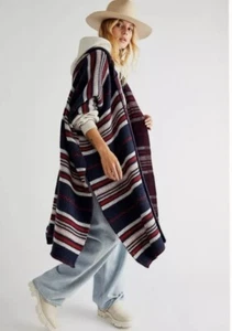 Free People Cold Canyon Hooded Poncho Striped Hooded Oversized Blue Red O/S NEW - Picture 1 of 7