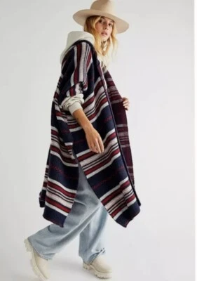 Free People Cold Canyon Hooded Poncho Striped Hooded Oversized Blue Red O/S NEW - Image 1 of 4