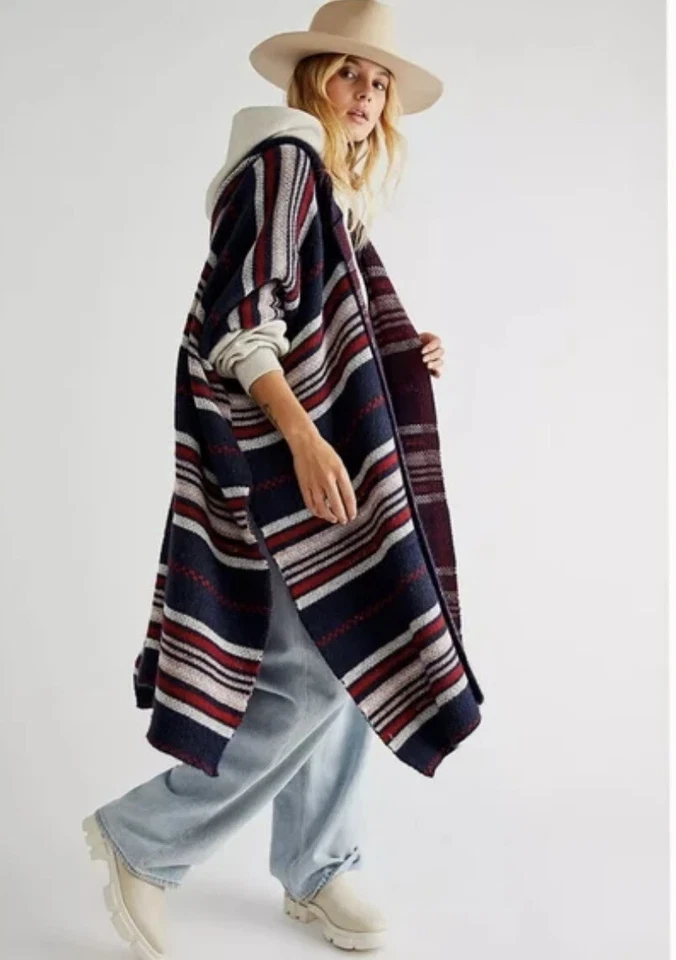 Free People Cold Canyon Hooded Poncho Striped Hooded Oversized Blue Red O/S NEW - Image 1 of 4