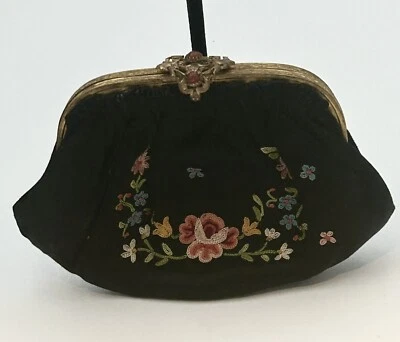 Старинный французский вручную вышитый черный шелк сердолик монета кошелек - Изображение 1 из 4