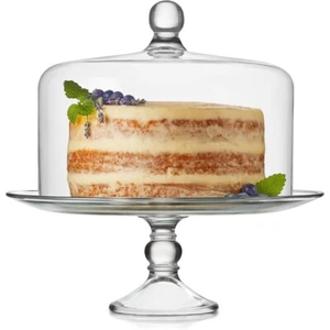 Glass Cake Stand with Dome Lid, Elegant Curved Footed Glass Cake Holder - Picture 1 of 6