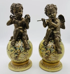 SELTENES SET Vintage Bronze & Porzellan Putti auf Kugel Engel Flöte & Harfe ATEMBERAUBEND..! - Bild 1 von 24