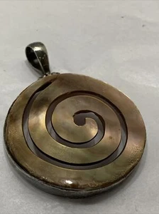 Vtg 80s Sterling Silver Abalone Shell 2” Disc Pendent Spiral Detail Bezel Set - Picture 1 of 10